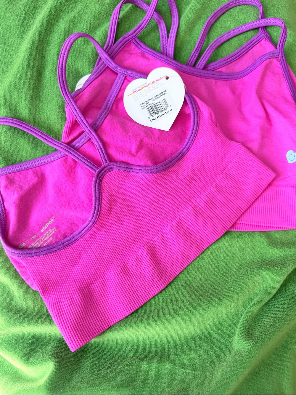Size 8/10 Double-Strap Girl Sports Bra - Bright Pink with Purple Trim (3pc)